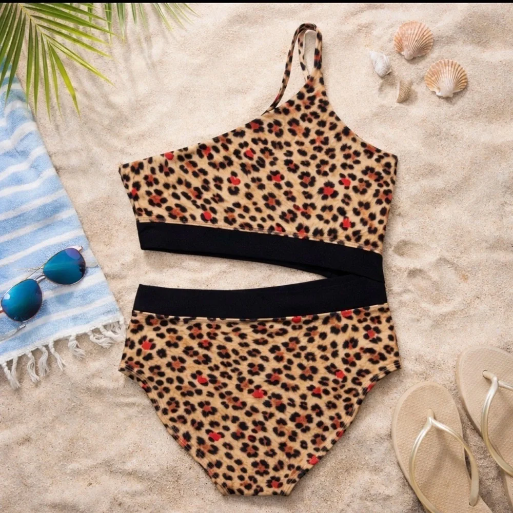 NWT Submarine Swim Girls Heart Cheetah One Shoulder Cutout Bathing Suit 14
